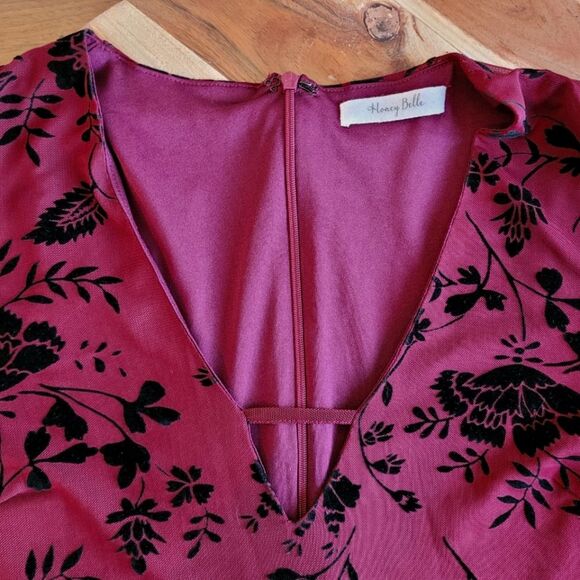 Honey Belle Whimsigoth Floral Bell Sleeve Deep V Mini Dress Burgandy Black Small - Picture 6 of 9